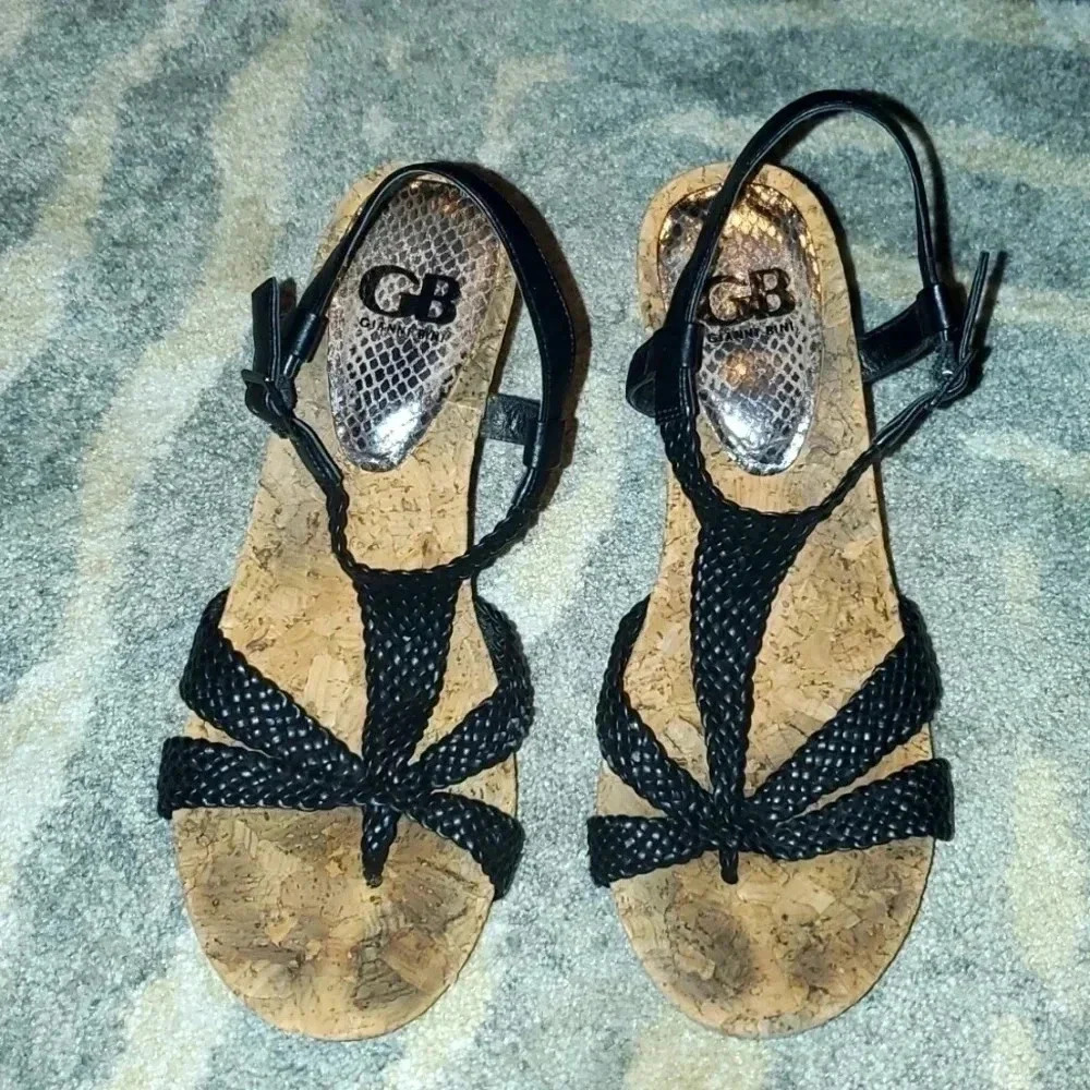 Gianni Bini Cork Wedge Black Straps Sandals Size 9.5